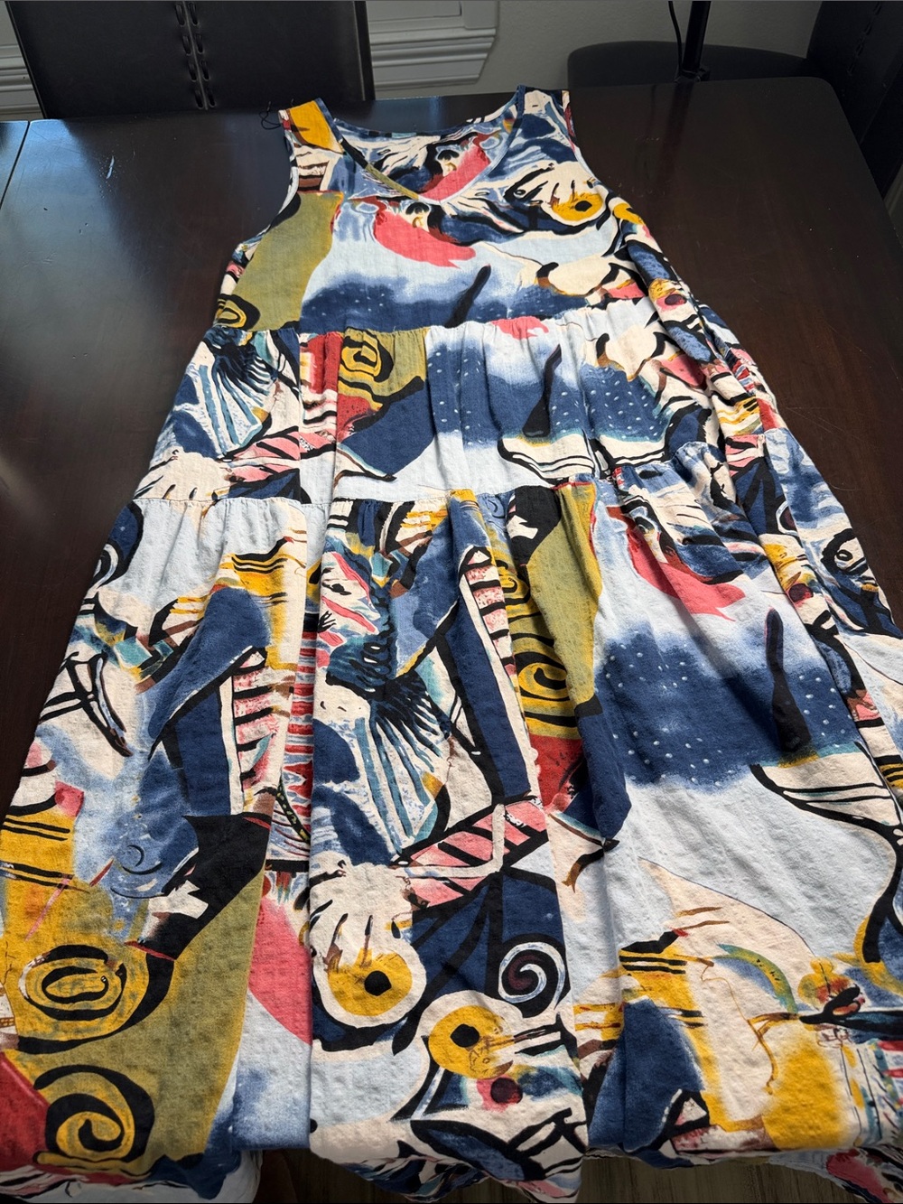 Abstract Tiered A-Line Skirt in Blue, Yellow & Pink;Medium